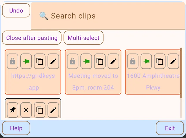 The clipboard screen with pinned clips and a search box