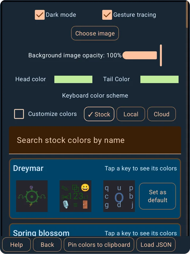 The colors settings screen in dark mode