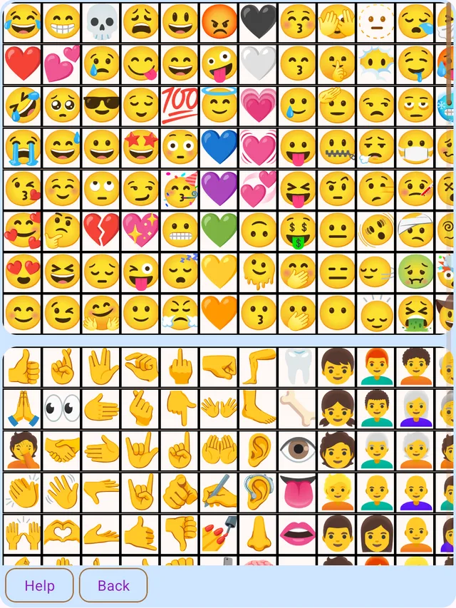 The emoji screen: a grid of smileys, hearts and hand gestures