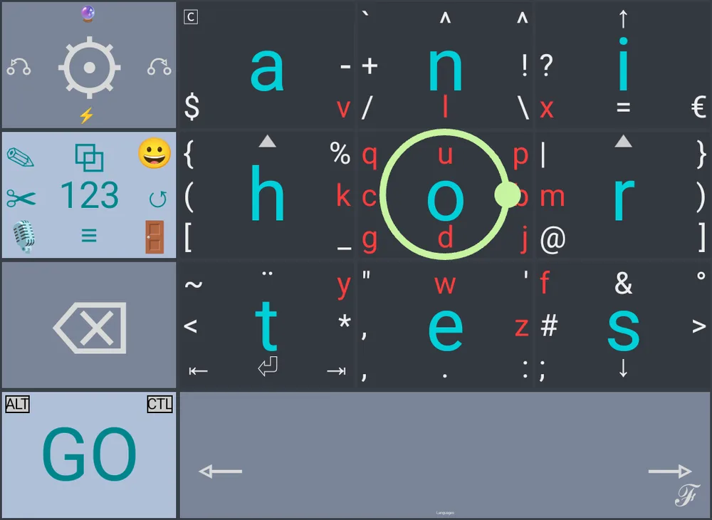The GridKeys keyboard: nine letter keys, each with smaller characters around a large center letter, and a circle being drawn on the O key