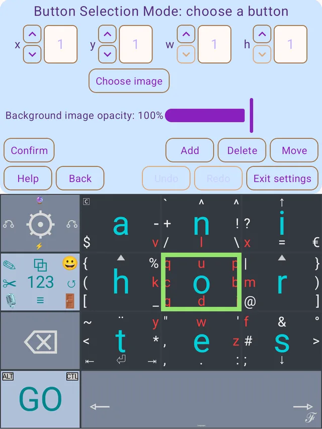 The layout editor with the O key selected, showing position and size controls and Add, Delete and Move buttons